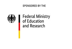 BMBF-Logo, Das Logo ist überschrieben mit: "Sponsored by the". Darunter steht rechts davon steht "Federal Ministry of Education and Research". Links von der Schrift befindet sich ein schmaler Streifen in schwarz-rot-gold und ganz links der Bundesadler in schwarz.