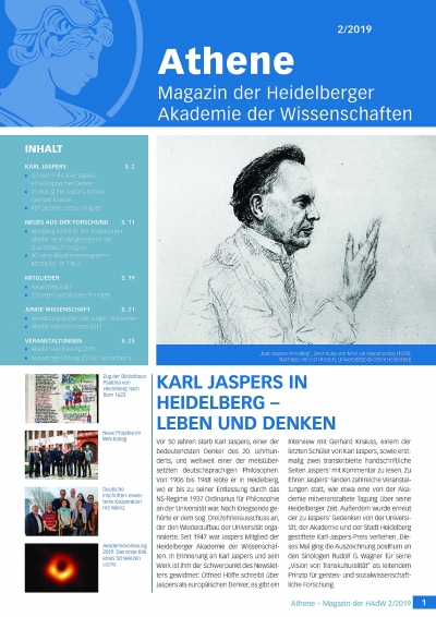 Titelseite des Athene Magazins mit blauem Header mit weißer Titelschrift, darunter eine Inhaltsübersicht und ein Foto von Karl Jaspers, unten der dazugehörige Artikel über Karl Jaspers