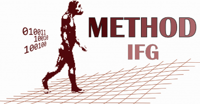 Logo METHOD IFG, ein Urzeitmensch läuft auf einem karierten Untergrund mit dem Blick nach rechts gerichtet, vor seiner Brust steht "METHOD IFG", hinter seinem Rücken ist ein Binärcode abgebildet