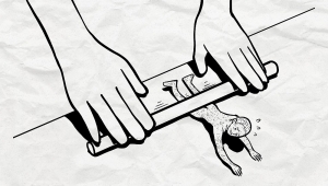 Schwarz-weiß Zeichnung computergeneriert: Eine unbekleidete Person liegt auf dem Boden. Zwei Hände, die sehr viel größer sind als die Person rollen mit einer Art Nudelholz über den rücken der Person herüber, die ein schmerzverzerrtes Gesicht hat.