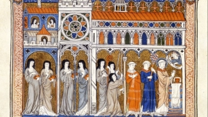 Mittelalterliche Handschrift, die mehrere Nonnen und Kleriker bei der Messfeier zeigt, umrahmt von einer Kirche