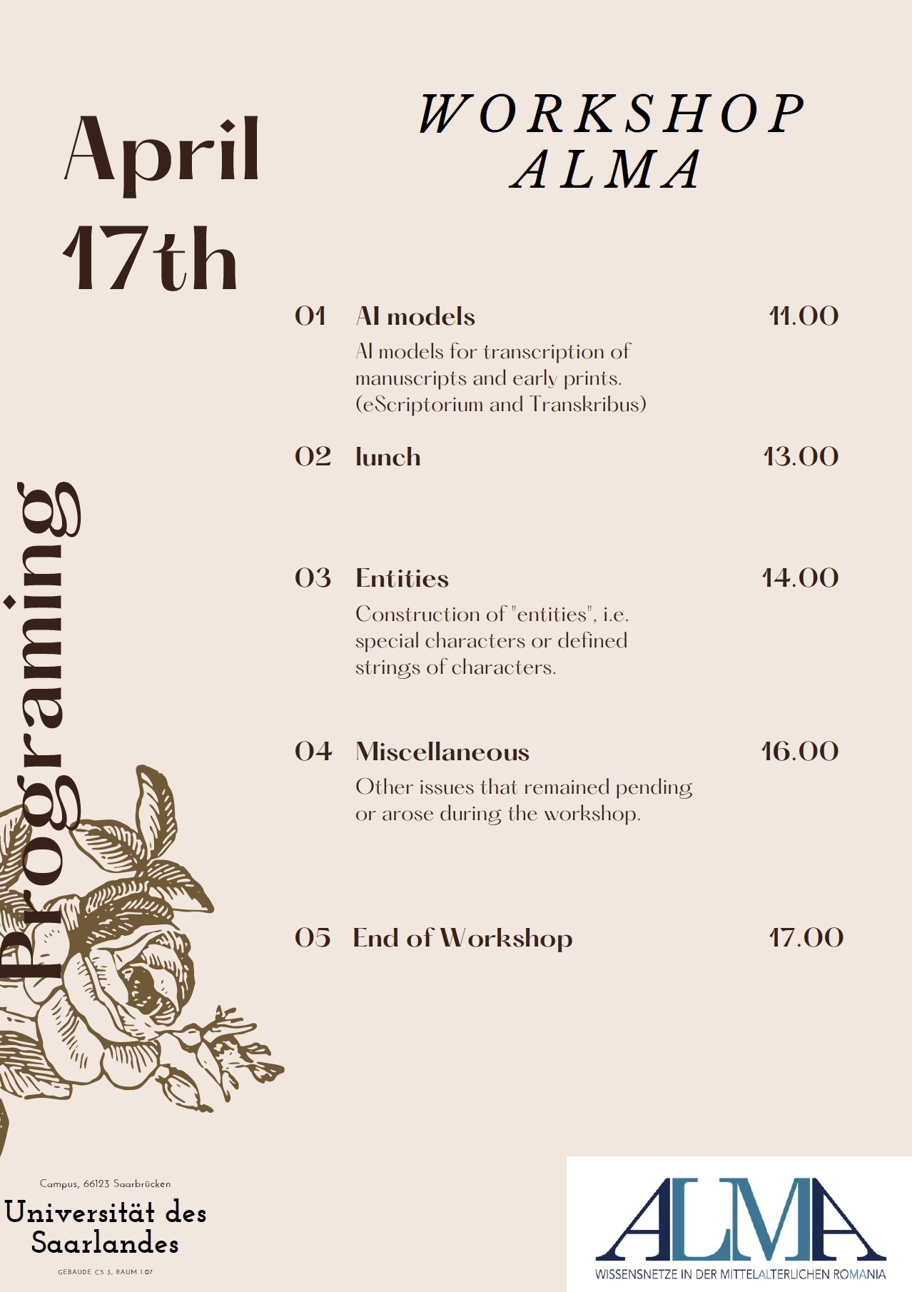 Programm des ALMA-Workshops am 17.04.2024, Saarbrücken