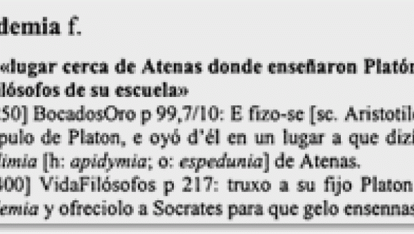 Dieses Artikelbeispiel zeigt die ersten Dokumentationen des Wortes academia „Akademie“ im Spanischen.
