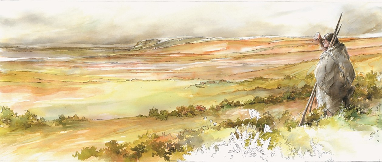 Aquarell einer nachempfundenen Gletscherlandschaft aus der Eiszeit.