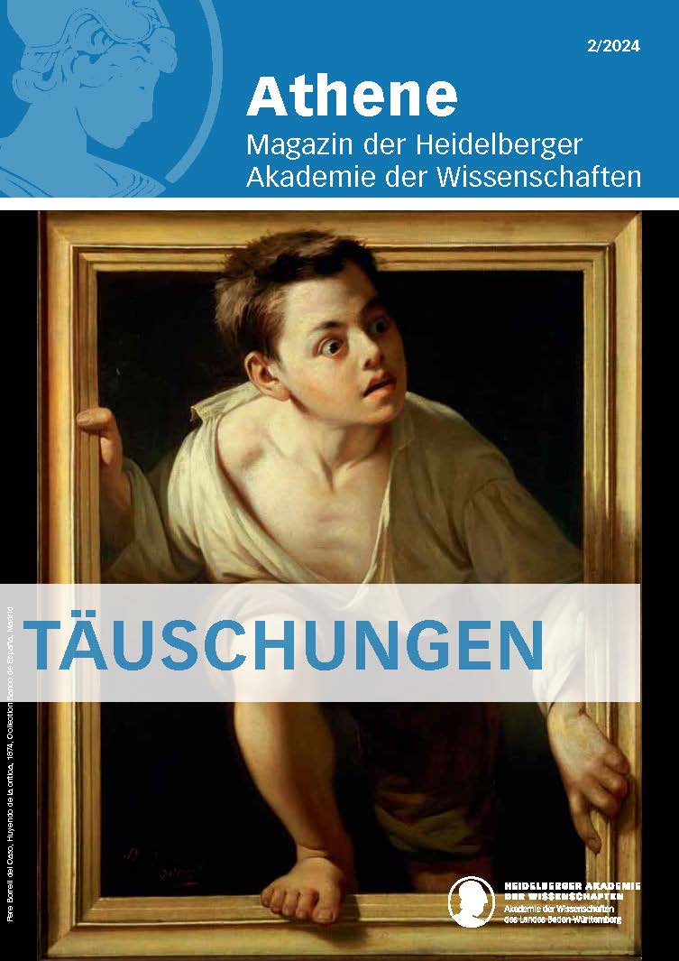 Titelbild des Athene-Magazins mit der Abbildung eines gemalten Jungen, der aus seinem Bilderrahmen klettert. Der Titel des Heftes lautet "Täuschungen".