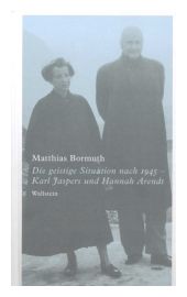 Das Cover zeigt schwarz-weiß Foto von Hannah Arend und Karl Jaspers  in langen Wintermänteln.. Arendt steht links und hat die Arme seitlich neben dem Körper hängen, Jaspers rechts mit hinter dem Rücken verschränkten Armen. Sie lächeln in die Kamera. Auf Rumpfhöhe sind in weiß die Titelschrift des Buches und der Autor abgedruckt.