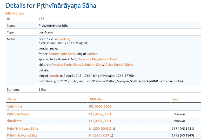 Screenshot eines Registereintrags in der Nepalica-Datenbank. In einer Tabelle mit zwei Spalten sind Daten zu der betreffenden Person gelistet. Darunter ist eine zweite Tabelle mit drei Spalten zu sehen, in der weitere Dateien nach Nummern klassifiziert sind.