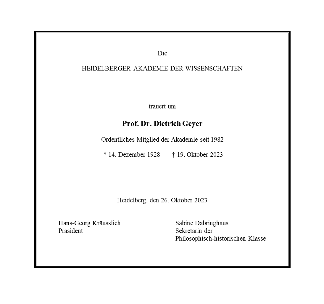 Traueranzeige von Dietrich Geyer, der am 19. Oktober 2023 verstorben ist.