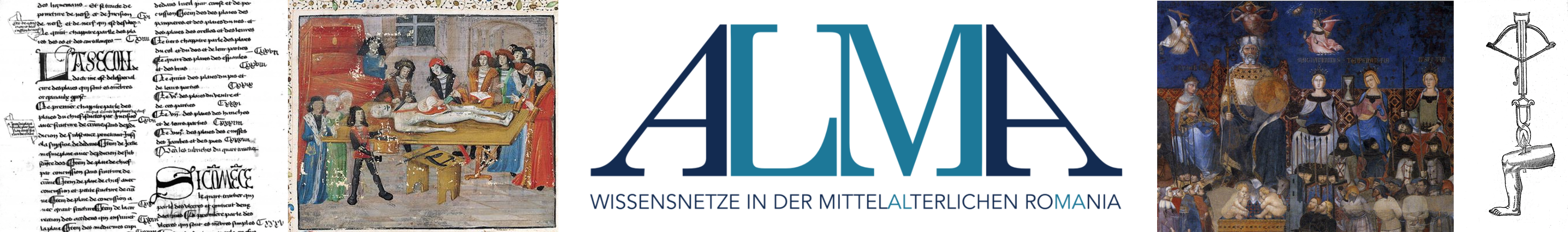 Verschiedene Handschriften und ALMA-Logo