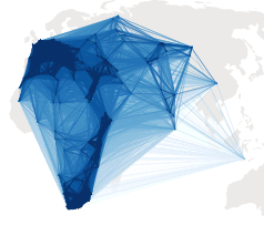 Karte von Afrika und Eurasien, die eine Entfernungsmatrix zwischen lithischen Fundorten von ROAD zeigt, die in GIS-, maschinellen Lern- und Data-Mining-Analysen verwendet wird
