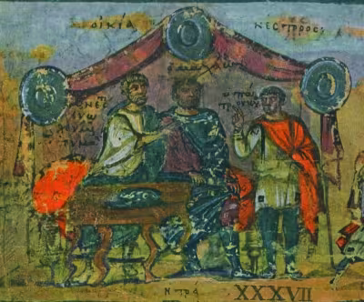 Patroclus im Zelt von Nestor (Hom. Ilias XI, 642–654)