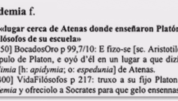 Dieses Artikelbeispiel zeigt die ersten Dokumentationen des Wortes academia „Akademie“ im Spanischen.