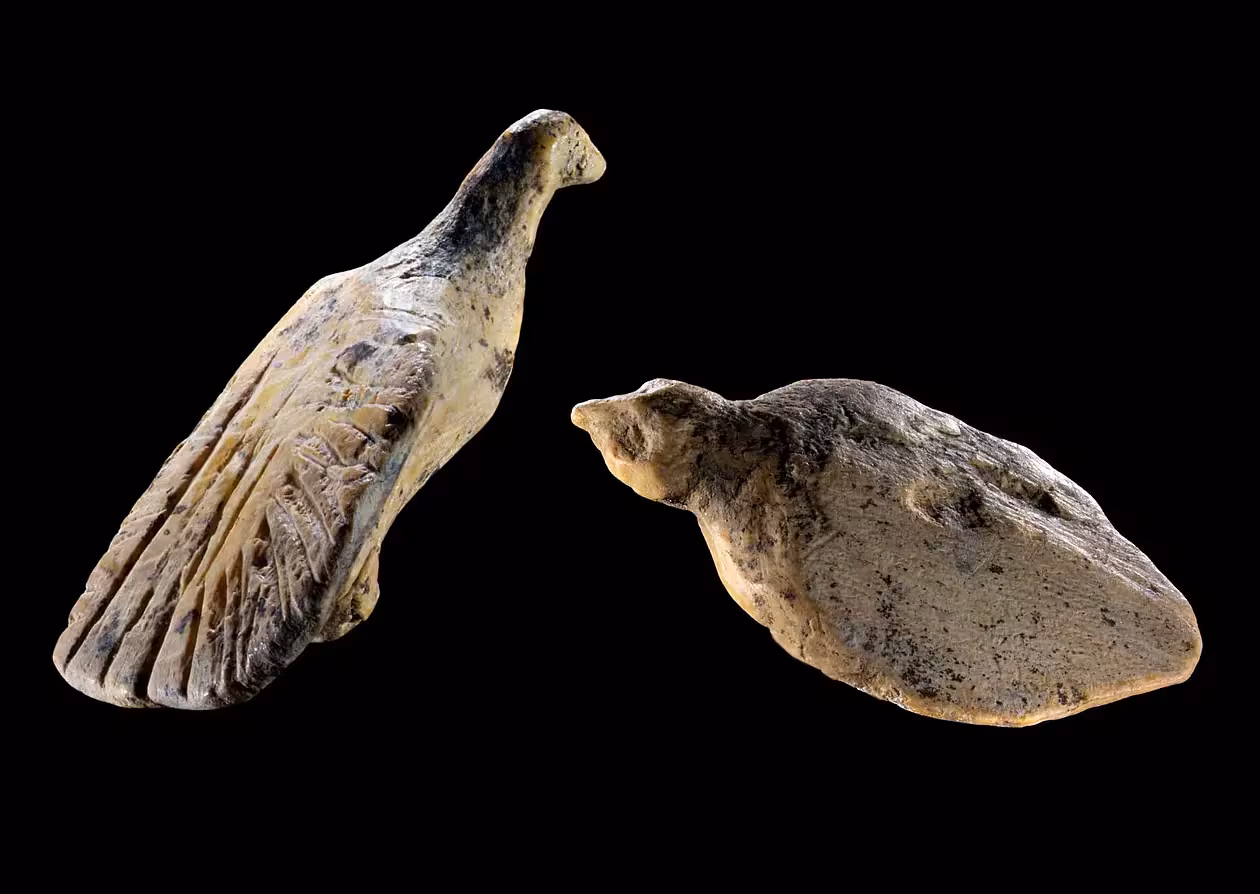 Two bird figurines carved from ivory found at the site of Hohle Fels Cave, approximately 40,000 years old.