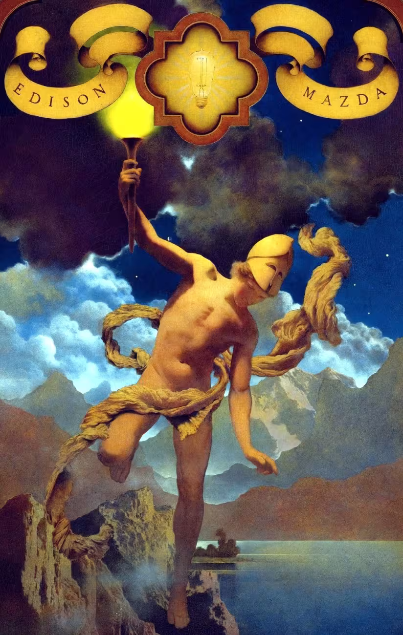 Prometheus als Feuerbringer auf einem Gemälde von Maxfield Parrish, 1919.