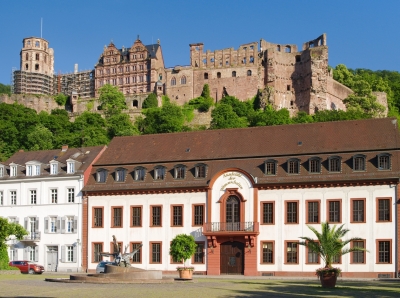 Frontseite der Akademie. Weißes, zweistöckiges Gebäude mit roter Fenster- und Türumrahmung. Braunes Dach mit Fenstergiebeln auf der gesamten Breite. Jeweils sechs Fenster rechts und links mittig gelegenen braunen Eingangstors. Eine goldene Aufschrift „Akademie der Wissenschaften“ prangt über dem Bogenfenster, das sich in der ersten Etage über dem Eingangstor befindet. Im Hintergrund, oberhalb des Akademiegebäudes, die Ruine des Heidelberger Schlosses mit seinen zwei Türmen und dem Festsaal.