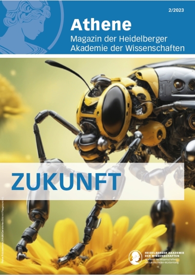 Covermotiv zeigt fiktive Roboterbiene auf gelber Blüte, darüber geht ein Streifen mit dem Titel dieser Ausgabe "Zukunft".