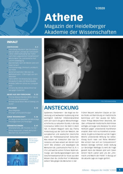 Cover der Athene-Ausgabe 1-20. Typischer Aufbau mit blauem Header, der das Akademielogo in blau und die Überschrift in weiß zeigt. Links eine blau hinterlegte Spalte mit dem Inhaltsverzeichnis der Athene, darunter zwei kleine Bildchen. Auf der rechten Seite das Titelbild zeigt eine Nahaufnahme von einem älteren Mann, der eine FFP3 Maske trägt und in die Kamera schaut. Darunter ist ein Text abgeruckt.