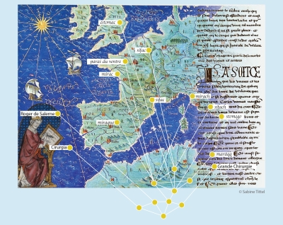 Karte von romanischen Ländern mit Grafik zu Wissensnetzen, darüber mittelalterliche Handschrift und Figuren aus Buchmalerei 