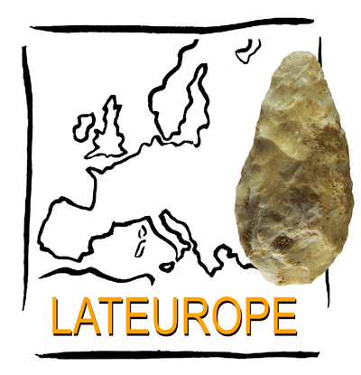 the project logo is a handaxe with a sketchy, black-and-white map of Europe in the background