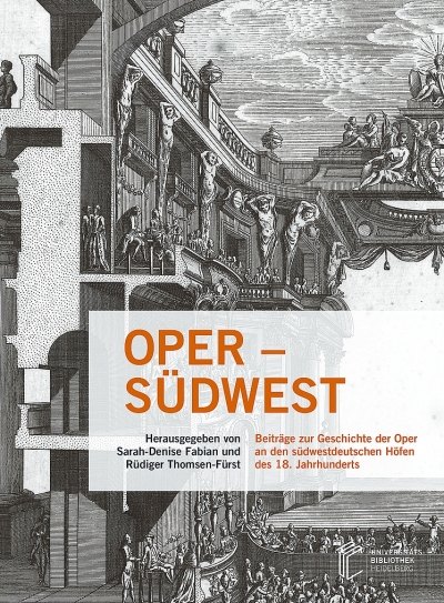 Schwarz-weiß Zeichnung eines Opernsaals, Titel "OPER-SÜDWEST" in orangener Schrift