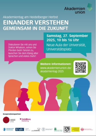 Plakat für den Akademientag mit Informationen. Unten sind bunte, stilisierte Personen zu erkennen. Oben ist der Titel "Akademientag - Einander verstehen - gemeinsam in die Zukunft". In Sprechblasen sind die Info wann, wo und was genannt.