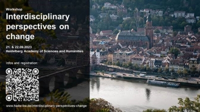 Das Altstadtpanorama von Heidelberg mit dem Neckar im Vordergrund ist zu sehen. Davor liegt eine schwarzes Transparent, auf dem steht "Workshop. Interdisciplinary perspectives on change. 21 & 22.09.2023" Darunter ist ein QR-Code abgebildet.
