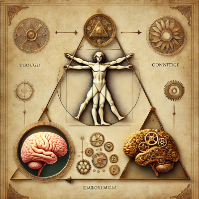 A Renaissance-style infographic depicting the concept of embodiment. At the center of the composition is a human anatomical model flanked by a normal and a robotic brain.