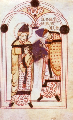 Gemälde auf Pergament von Augustinus und Norbert von Xanten, die gemeinsam ein Buch halten. 