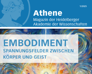 Titelseite des Athene-Magazins 1-2025 zum Thema "Embodiment - Spannungsfelder zwischen Körper und Geist". In expressionistischem Stil ist eine gesichtslose Figur im Zentrum zu sehen, die auf den Betrachter mit erhobenen Armen zuläuft. Sie steht im Strahlenkranz, um den sich bunte Wirbel, andere Körper und Formen ranken.