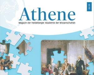 Cover des Athene-Magazins 2-2025. Oben steht Athene Magazin der Heidelberger Akademie der Wissenschaften 2/2025 und unten der Titel (Un-)Ordnung. Darunter ist das Logo der Akademie blau auf weiß zu sehen. Das Covermotiv zeigt das Gemälde von H. C. Christy mit der Unterzeichnung der Verfassung der Vereinigten Staaten als Puzzle.