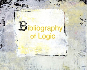 Logo der Bibliography of Logic: Der Hintergrund ist grau, von schwarzen und gelben Farbflächen durchmischt. Darauf prangt ein weißes Quadrat in dem in gelber Schrift steht "Bibliography of Logic"
