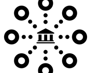 Logo des Projekts zeigt in der Mitte ein Gebäude, das für die Akademie steht. Darum herum sind große Kreise, die für die Forschungsstellen oder allgemeiner Wissen oder Daten stehen. Diese sind mit dem Gebäude in der Mitte verbunden.