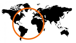 Auf der Weltkarte sind verschiedene Kontinente durch einen Kreis verbunden.