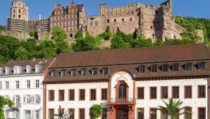 Frontseite der Akademie. Weißes, zweistöckiges Gebäude mit roter Fenster- und Türumrahmung. Braunes Dach mit Fenstergiebeln auf der gesamten Breite. Jeweils sechs Fenster rechts und links mittig gelegenen braunen Eingangstors. Eine goldene Aufschrift „Akademie der Wissenschaften“ prangt über dem Bogenfenster, das sich in der ersten Etage über dem Eingangstor befindet. Im Hintergrund, oberhalb des Akademiegebäudes, die Ruine des Heidelberger Schlosses mit seinen zwei Türmen und dem Festsaal.