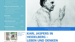 Titelseite des Athene Magazins mit blauem Header mit weißer Titelschrift, darunter eine Inhaltsübersicht und ein Foto von Karl Jaspers, unten der dazugehörige Artikel über Karl Jaspers