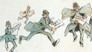 Zeichnung von Männern mit Hüten die rennend Zeitungen verteilen. Auf einer steht groß Fake News.