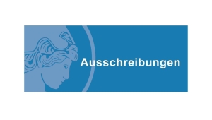 Vor blauem Hintergrund ist in hellem blau die Akademie-Athene im Profil abgebildet. Daneben steht in weiß "Ausschreibungen"