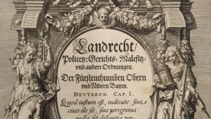 Titelblatt des Bayerischen Landrechts von 1616 mit Allegorien des guten Regiments