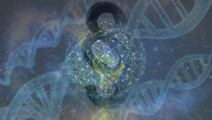 Collage zur Symbolisierung des Zusammenhangs zwischen Rechtswissenschaft und Forschungsdateninfrastruktur. In Blautönen ziehen sich DNA-Stränge diagonal über das Bild. In der Mitte befindet sich ein §-Zeichen in schwarz, über dem eine transparente Weltkugel in türkis mit vielen Vernetzungspunkten liegt. 