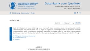 Das Bild zeigt die Website zur Datenbank Malalas Kommentar