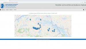 Startseite der Datenbank Felsbilder, oben das Akademielogo und eine Menüzeile, darunter eine Landkarte mit blauen Ortsmarkierungen