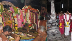 Zeitgleich mit dem göttlichen Brautpaar (links) heiraten viele menschliche Paare (rechts) im Ekāmranātha-Tempel 