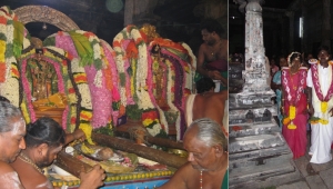 Zeitgleich mit dem göttlichen Brautpaar (links) heiraten viele menschliche Paare (rechts) im Ekāmranātha-Tempel 