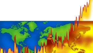 Landkarte der Erde im Hintergrund, im Vordergrund in feurigen Farben eine nach oben steigende Kurve, welche die Erderwärmung darstellt.