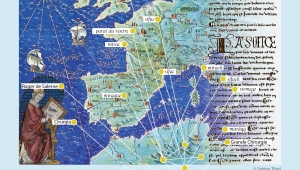 Karte von romanischen Ländern mit Grafik zu Wissensnetzen, darüber mittelalterliche Handschrift und Figuren aus Buchmalerei