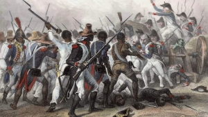 Schlachtengemälde, das den Kampf um die Crête-à-Pierrot im März 1802 im Rahmen der Haitianischen Revolution zeigt.