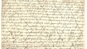 Imbreviatur Jakob Haas von 1237, Ein handschriftlich beschriebenes, beigefarbenes Blatt ist abgebildet. Die Schrift ist übermalt mit einem groben Karoraster.