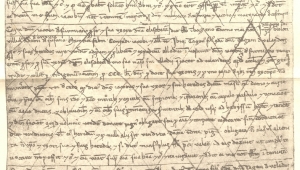 Imbreviatur Jakob Haas von 1237, Ein handschriftlich beschriebenes, beigefarbenes Blatt ist abgebildet. Die Schrift ist übermalt mit einem groben Karoraster.