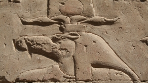 Sandsteinbildnis: Darstellung der Gottheit Sobek, der Kopf des tierähnlichen Gottes ist im Seitenprofil zu sehen mit einer aufwändigen Kopfbedeckung