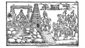 Schwarz-Weiß Malerie einer hinduistischen Tempelszene. Neben dem Tempel in der Mitte des Bildes ist links eine Gottheit abgebildet, die eine Person auf ihrem Schoß füttert. Von rechts kommt eine weitere Gottheit mit vier Armen und eine Gruppe Tanzender